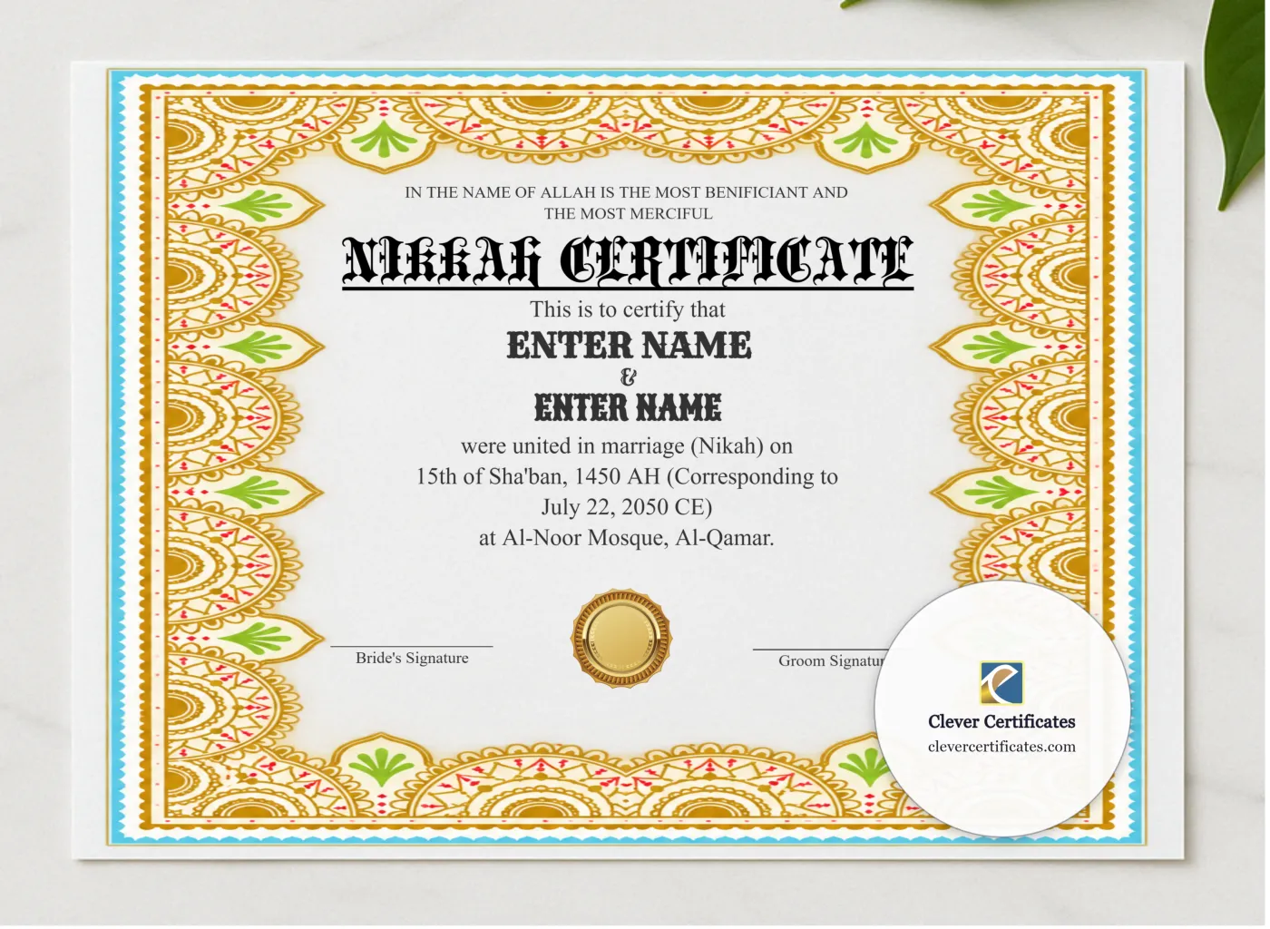 Nikkah Certificate Template UK Landscape presented in a sleek wooden frame, elegantly arranged on a stylish table.