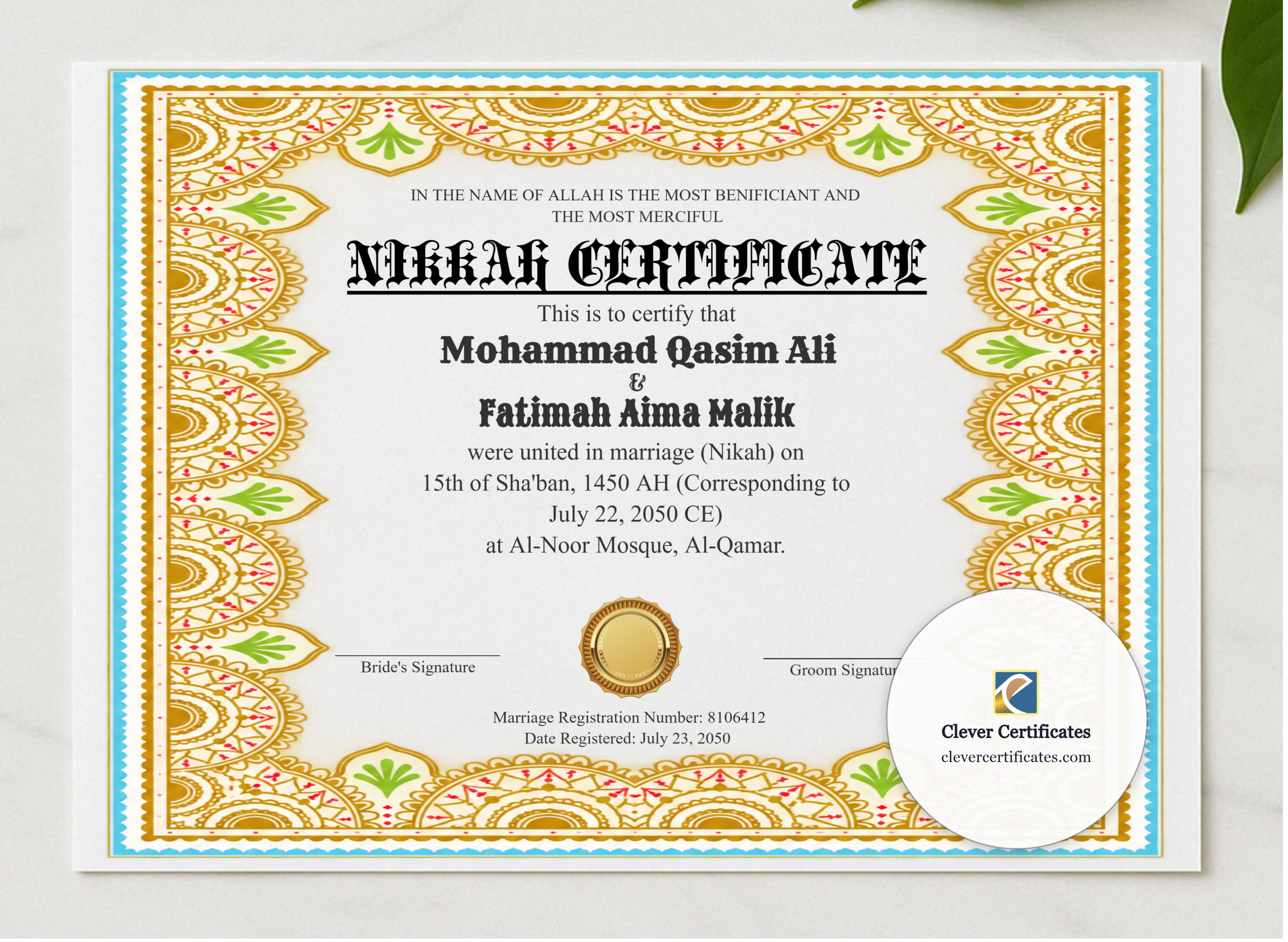 Nikkah Certificate Template UK Landscape presented in a sleek wooden frame, elegantly arranged on a stylish table.