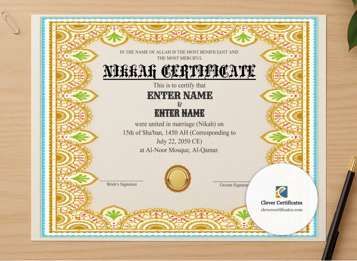 Professional preview of Nikkah Certificate Template UK Landscape certificate on high-quality stationery paper, ideal for showcasing the final look.