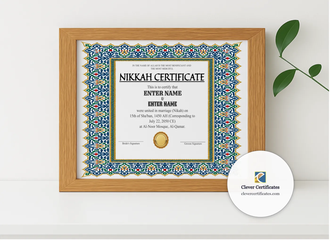 Realistic mockup featuring Simple Nikah Certificate Template Landscape displayed within a modern frame, set against a minimalistic background.