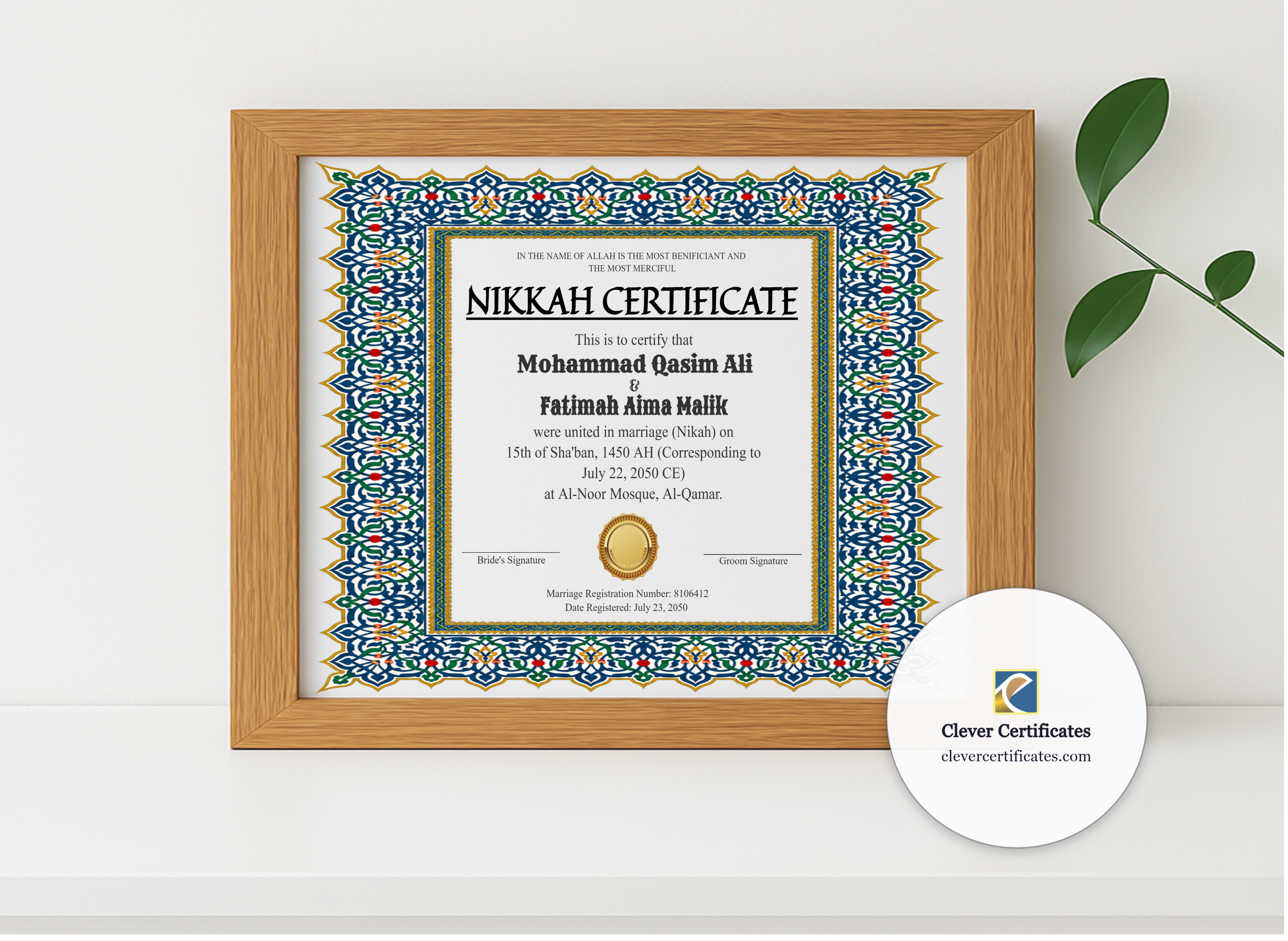 Realistic mockup featuring Simple Nikah Certificate Template Landscape displayed within a modern frame, set against a minimalistic background.