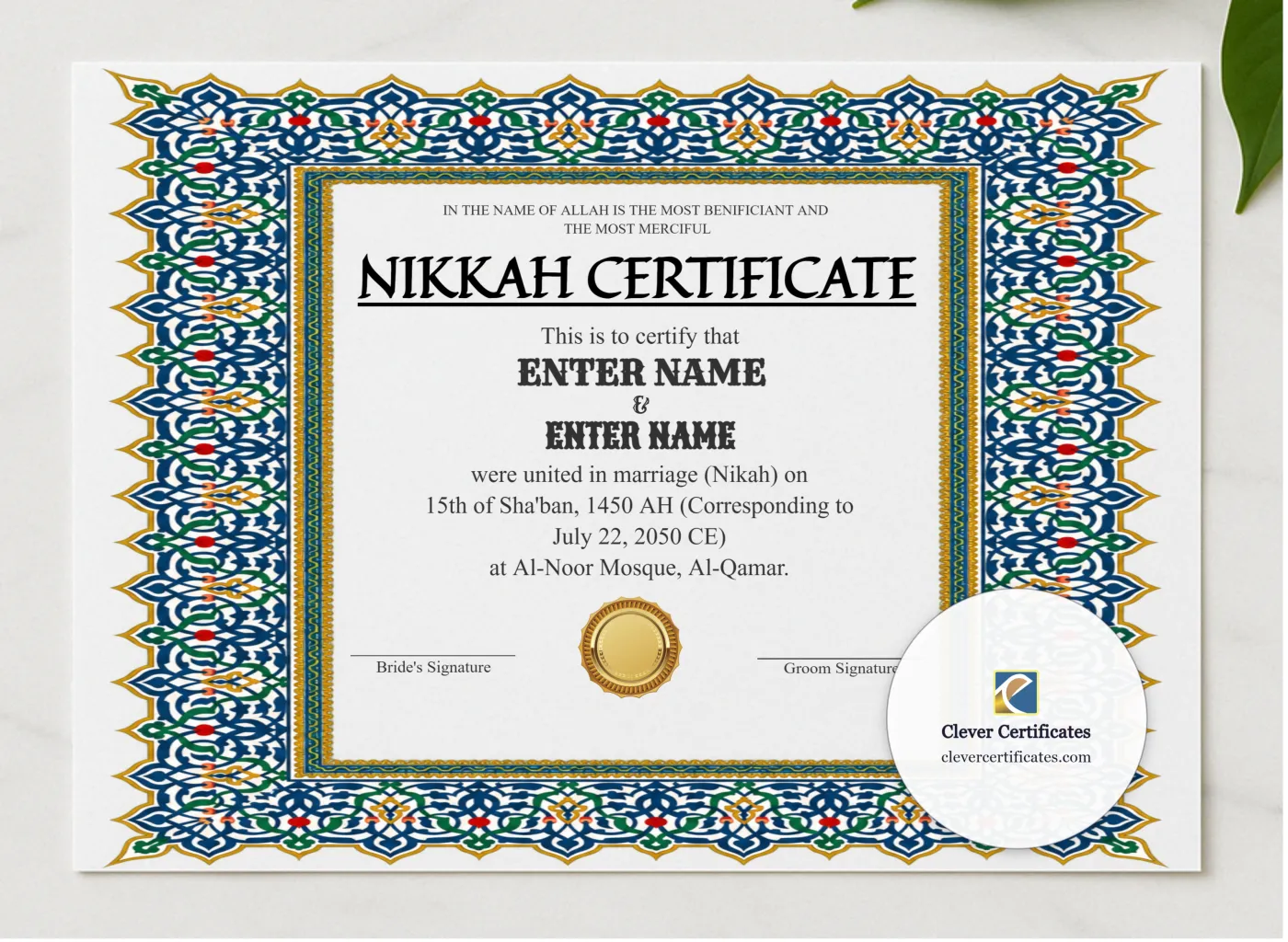 Simple Nikah Certificate Template Landscape presented in a sleek wooden frame, elegantly arranged on a stylish table.