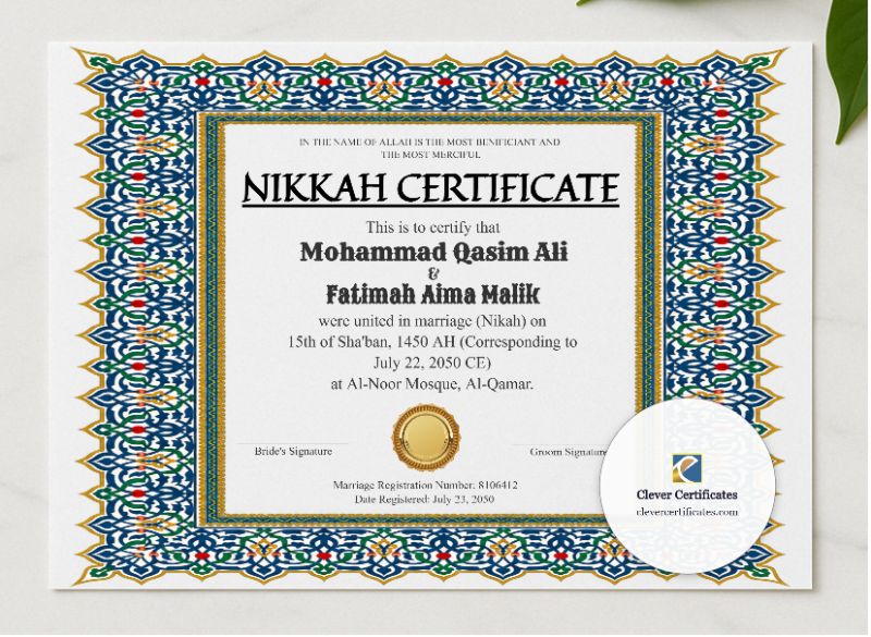 Simple Nikah Certificate Template Landscape presented in a sleek wooden frame, elegantly arranged on a stylish table.