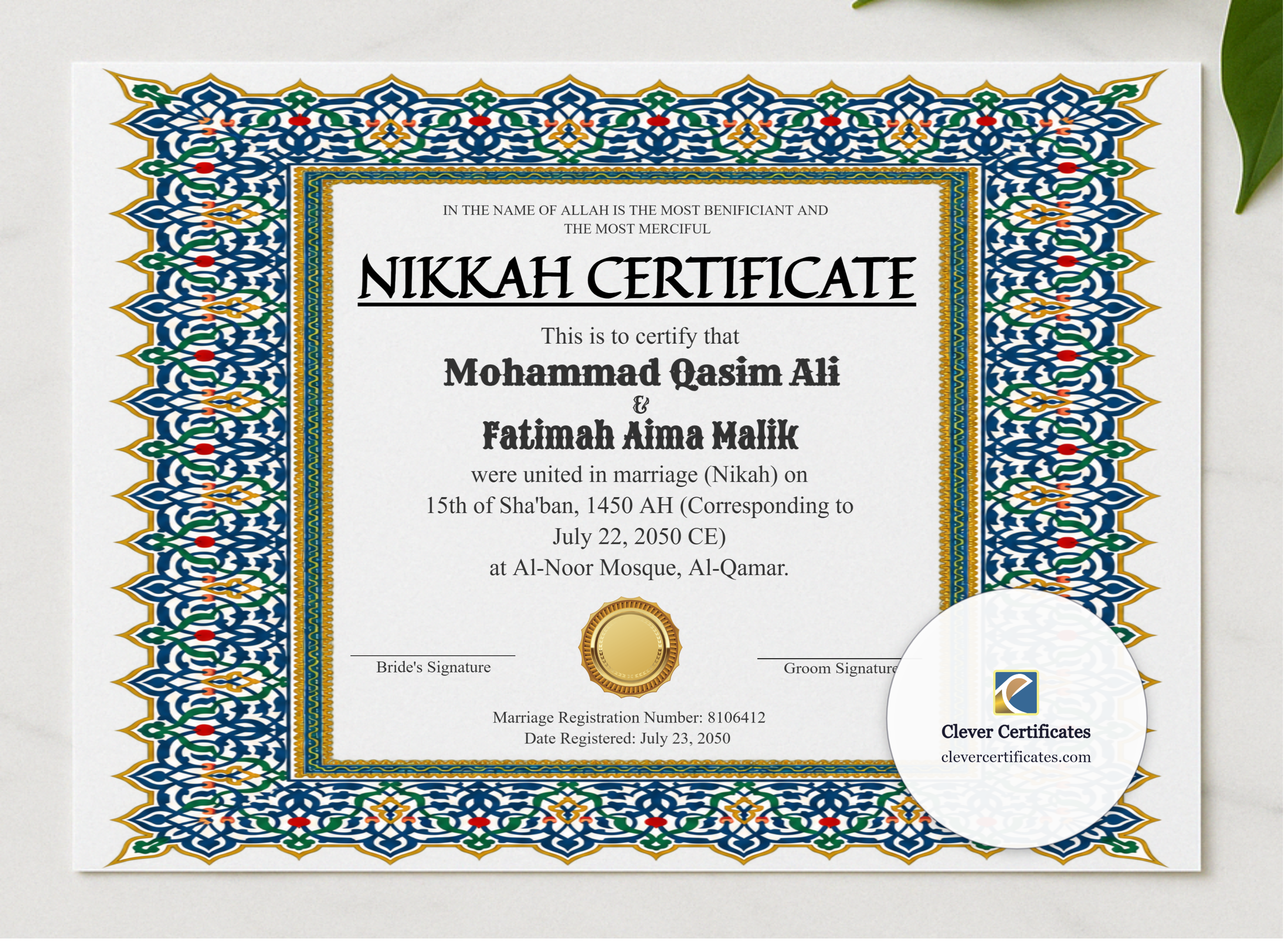 Simple Nikah Certificate Template Landscape presented in a sleek wooden frame, elegantly arranged on a stylish table.