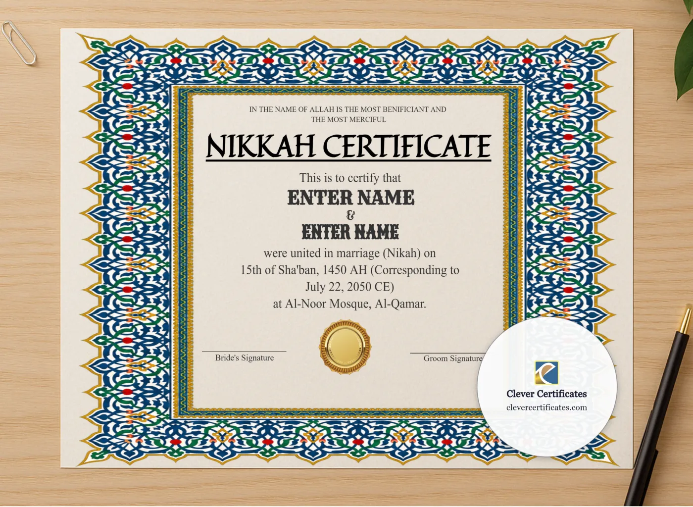 Professional preview of Simple Nikah Certificate Template Landscape certificate on high-quality stationery paper, ideal for showcasing the final look.