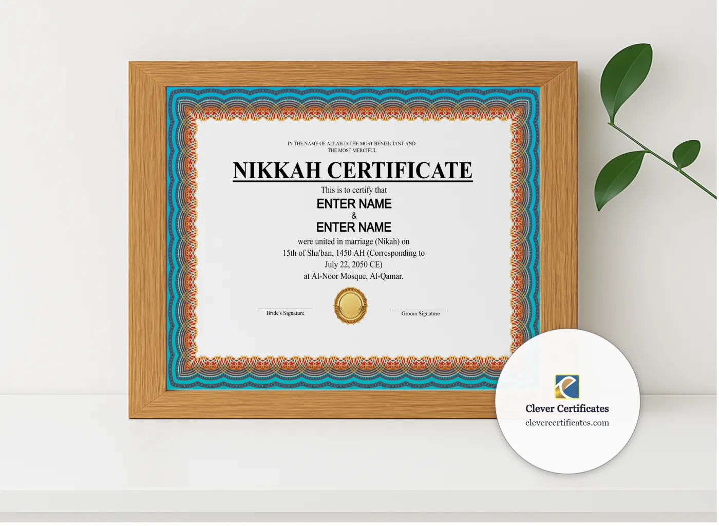 Realistic mockup featuring Shia Nikah Certificate Template Landscape displayed within a modern frame, set against a minimalistic background.