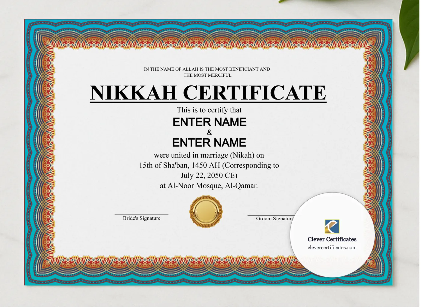 Shia Nikah Certificate Template Landscape presented in a sleek wooden frame, elegantly arranged on a stylish table.