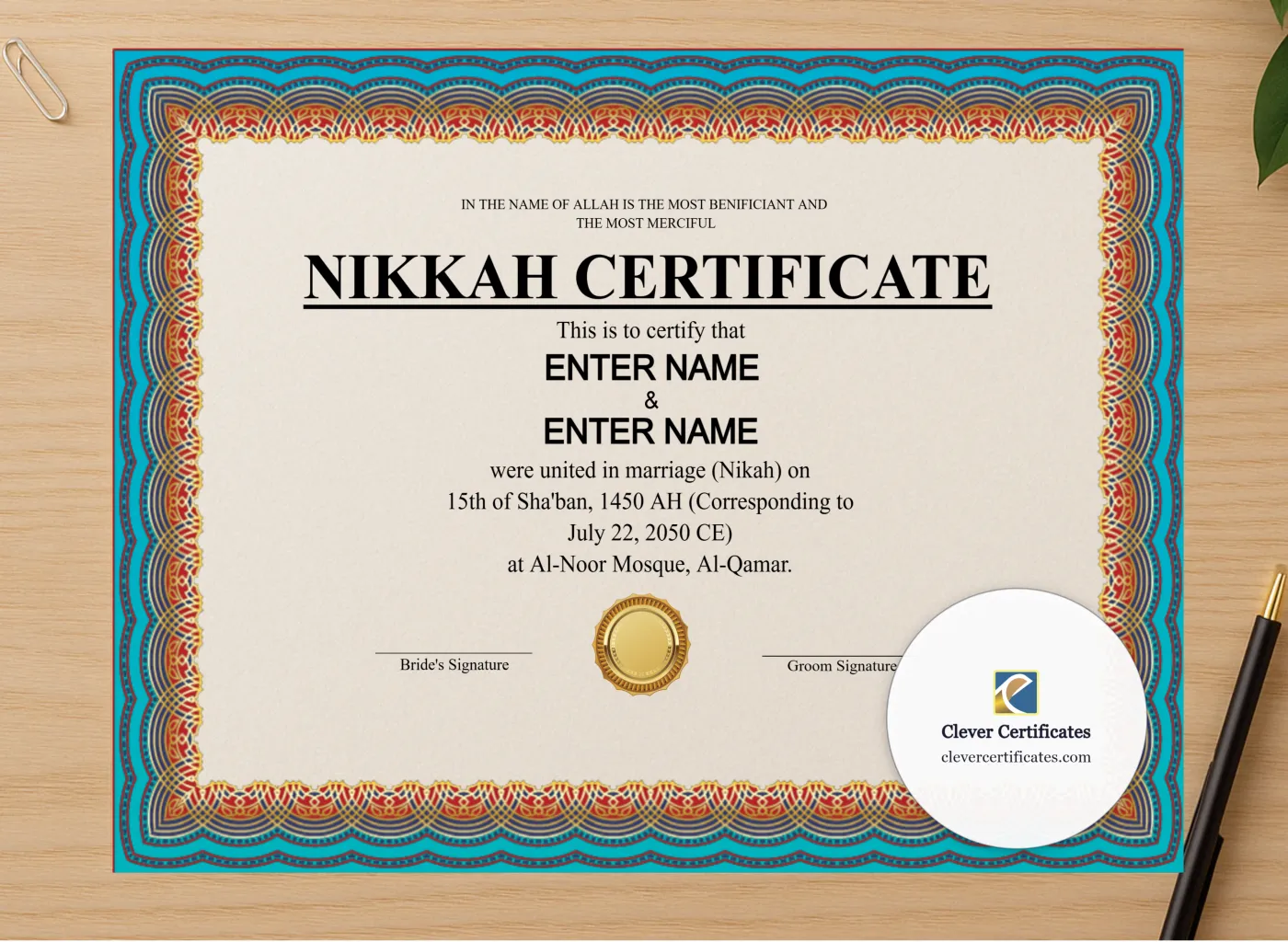 Professional preview of Shia Nikah Certificate Template Landscape certificate on high-quality stationery paper, ideal for showcasing the final look.