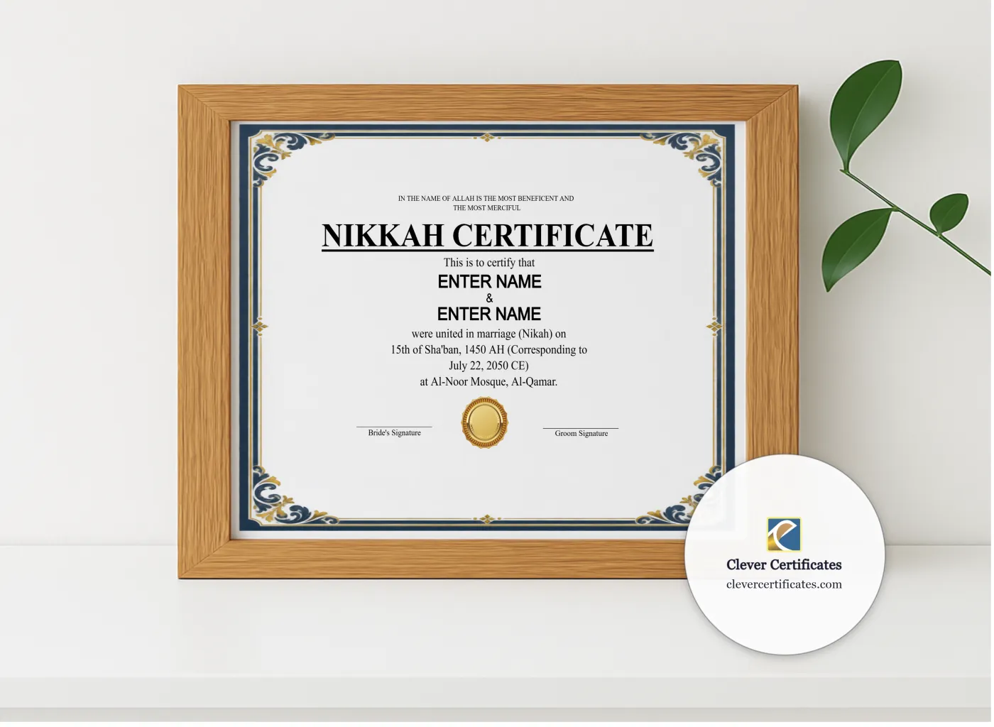 Realistic mockup featuring Sunni Nikah Certificate Template Landscape displayed within a modern frame, set against a minimalistic background.
