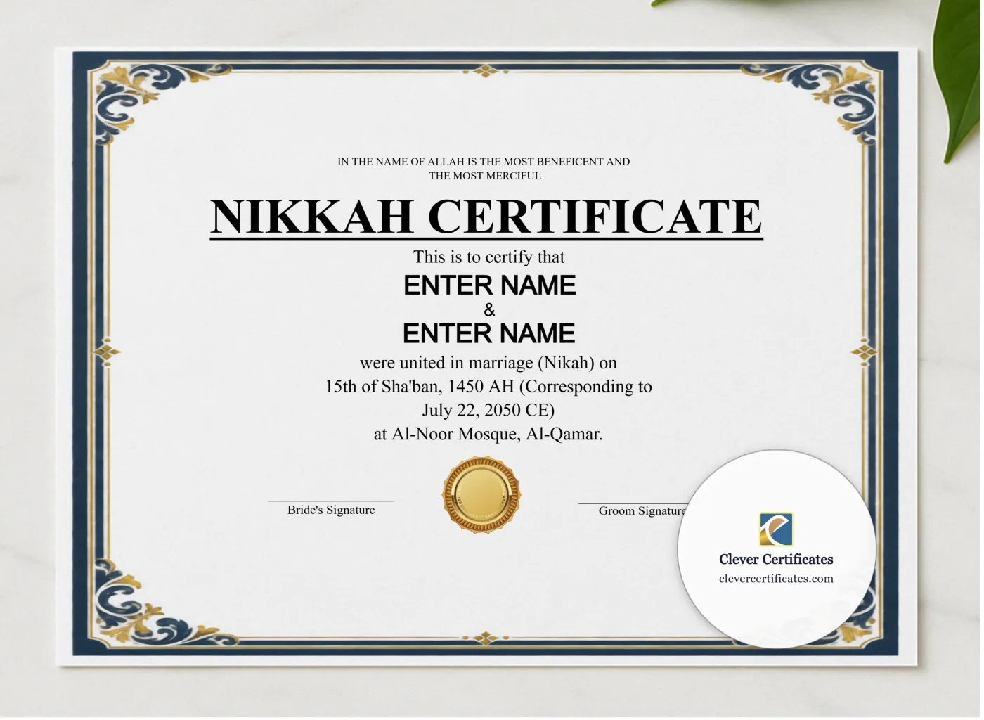 Sunni Nikah Certificate Template Landscape presented in a sleek wooden frame, elegantly arranged on a stylish table.