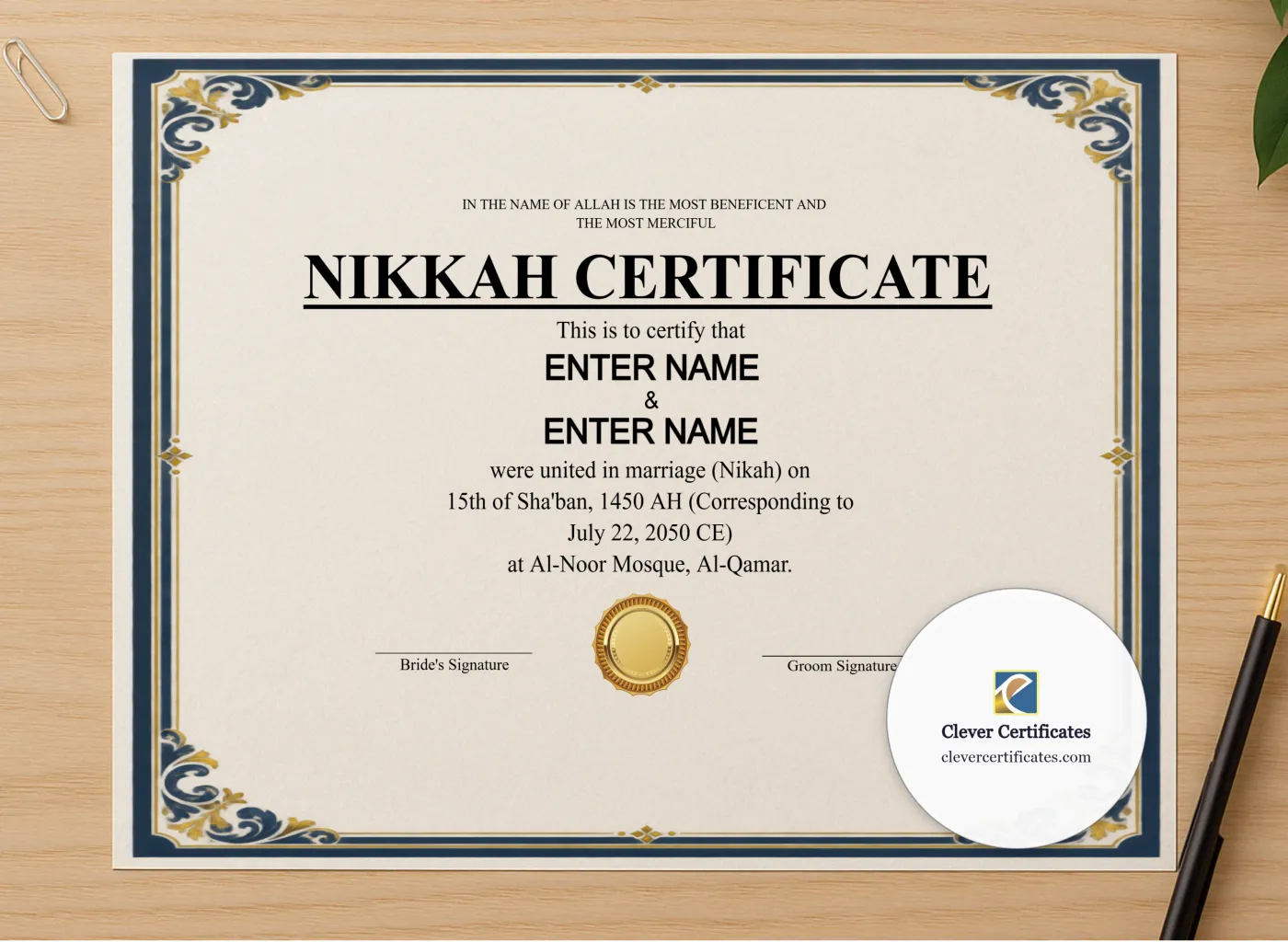 Professional preview of Sunni Nikah Certificate Template Landscape certificate on high-quality stationery paper, ideal for showcasing the final look.