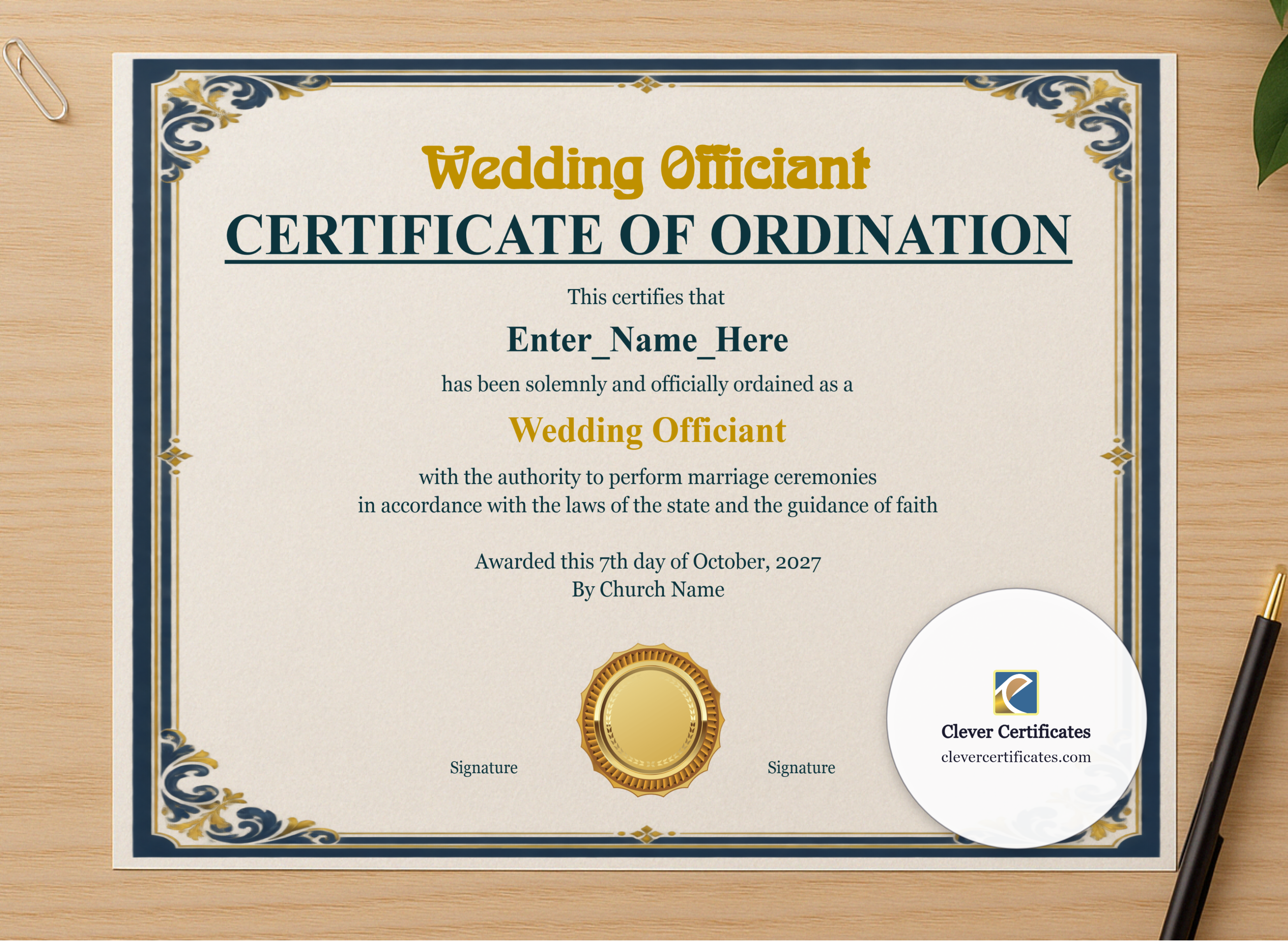 Professional preview of Sunni Nikah Certificate Template Landscape certificate on high-quality stationery paper, ideal for showcasing the final look.
