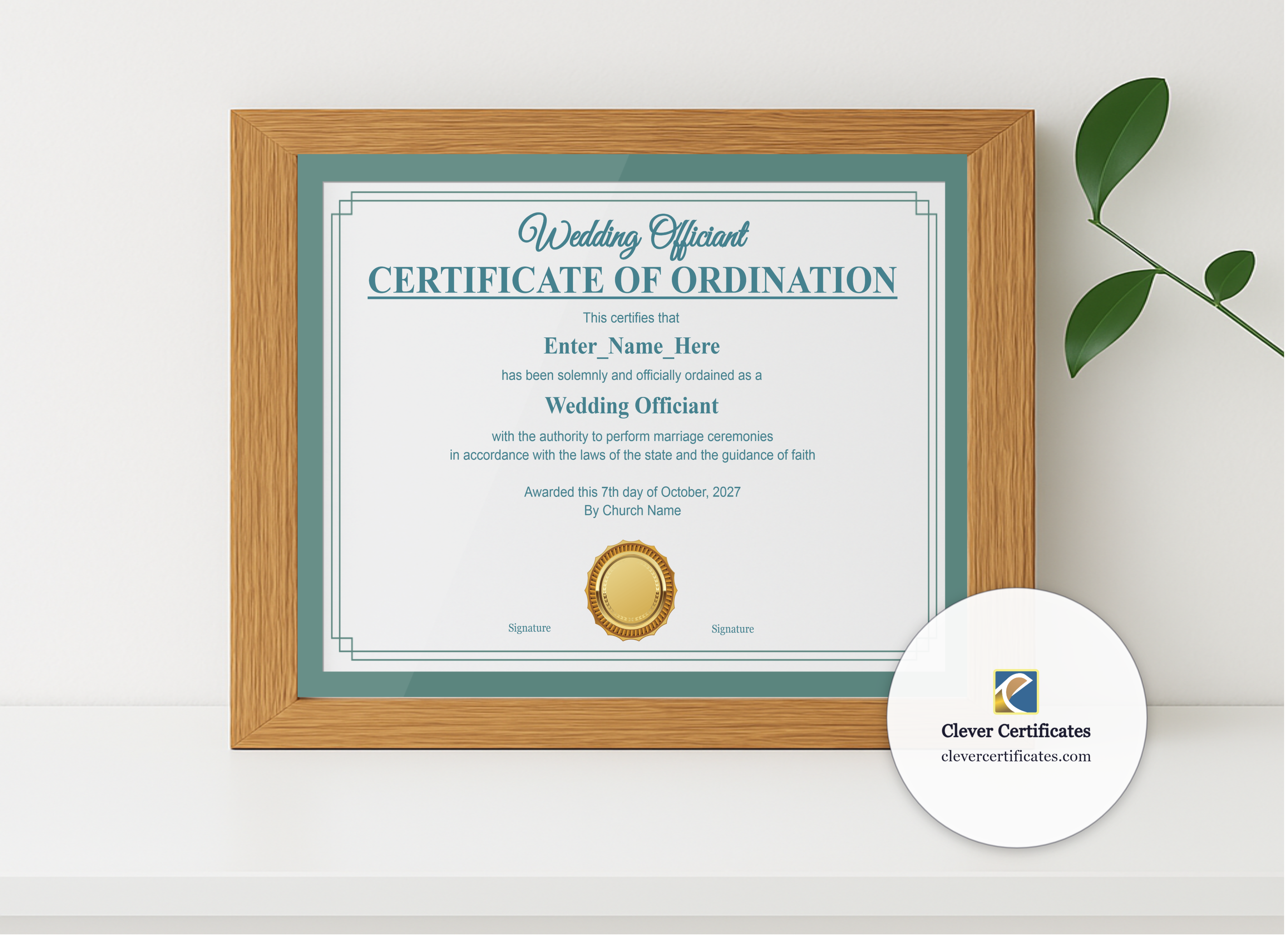 Realistic mockup featuring Wedding Officiant Ordination Certificate Landscape displayed within a modern frame, set against a minimalistic background.
