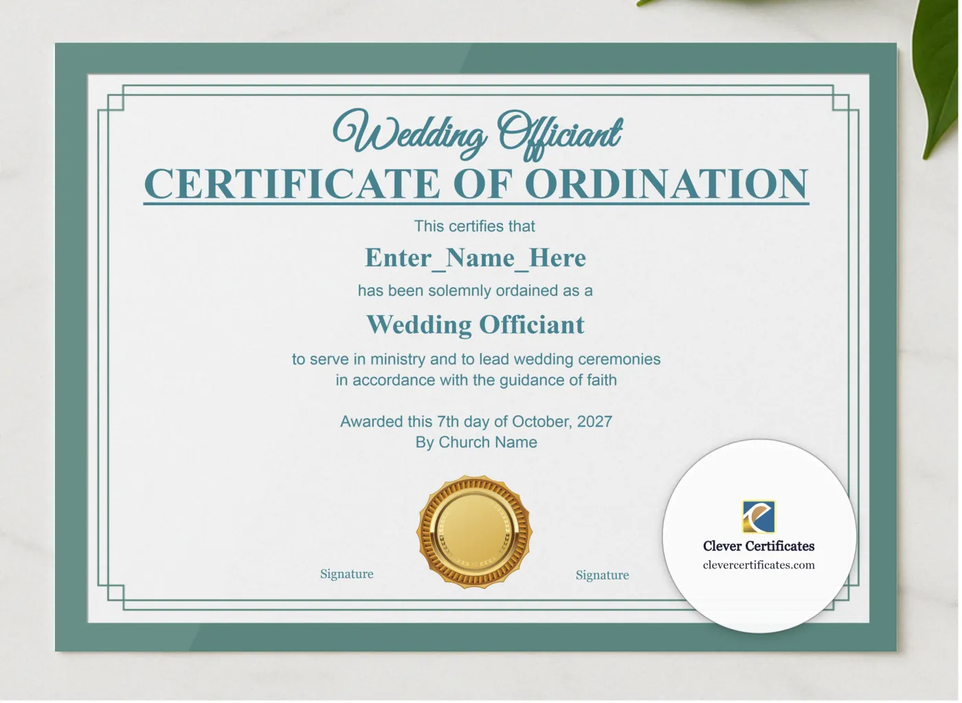 Wedding Officiant Ordination Certificate Landscape presented in a sleek wooden frame, elegantly arranged on a stylish table.