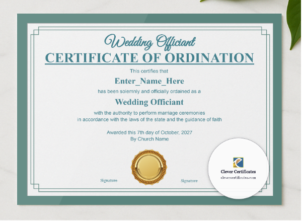 Wedding Officiant Ordination Certificate Landscape presented in a sleek wooden frame, elegantly arranged on a stylish table.