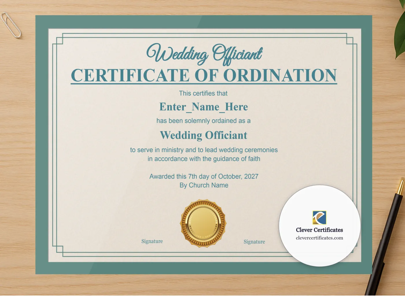 Professional preview of Wedding Officiant Ordination Certificate Landscape certificate on high-quality stationery paper, ideal for showcasing the final look.