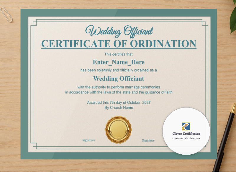 Professional preview of Wedding Officiant Ordination Certificate Landscape certificate on high-quality stationery paper, ideal for showcasing the final look.