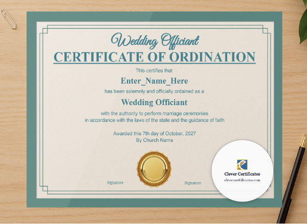 Professional preview of Wedding Officiant Ordination Certificate Landscape certificate on high-quality stationery paper, ideal for showcasing the final look.