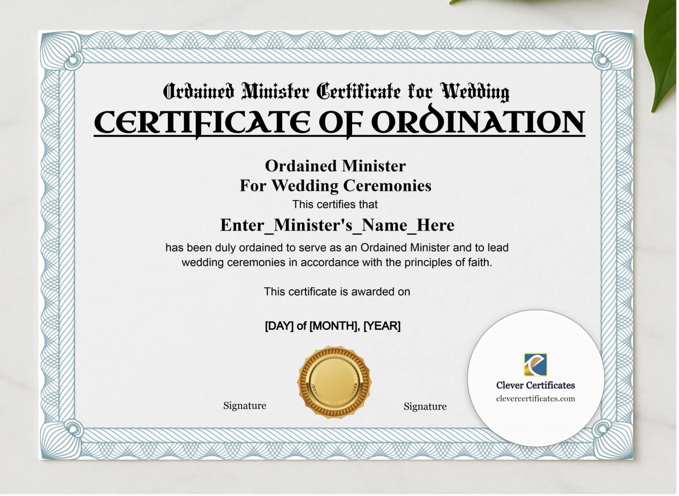 Ordained Minister Certificate for Wedding Landscape presented in a sleek wooden frame, elegantly arranged on a stylish table.