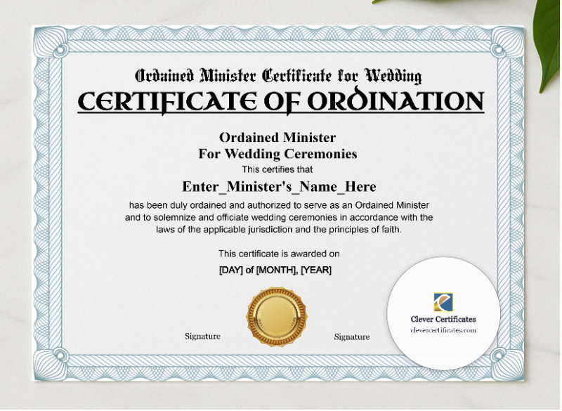 Ordained Minister Certificate for Wedding Landscape presented in a sleek wooden frame, elegantly arranged on a stylish table.