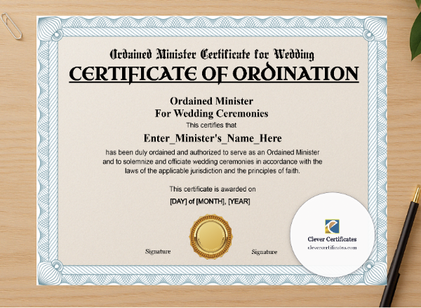Professional preview of Ordained Minister Certificate for Wedding Landscape certificate on high-quality stationery paper, ideal for showcasing the final look.