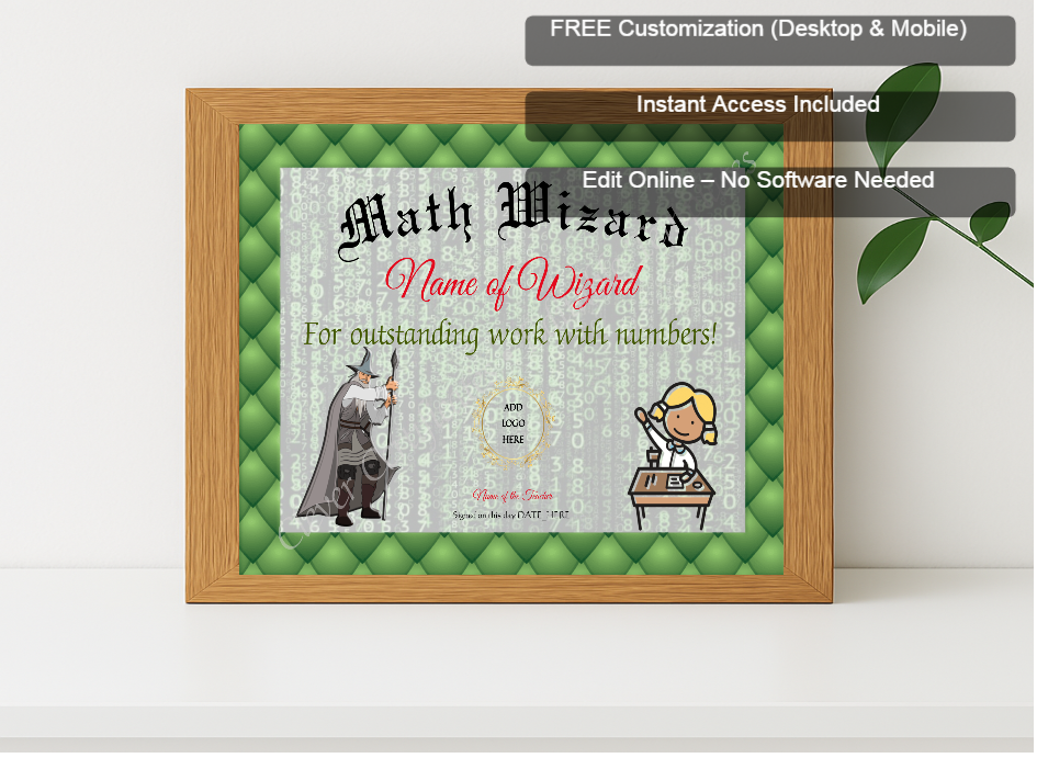 Premium mockup with Free Editor badge stack for Math Wizard Award