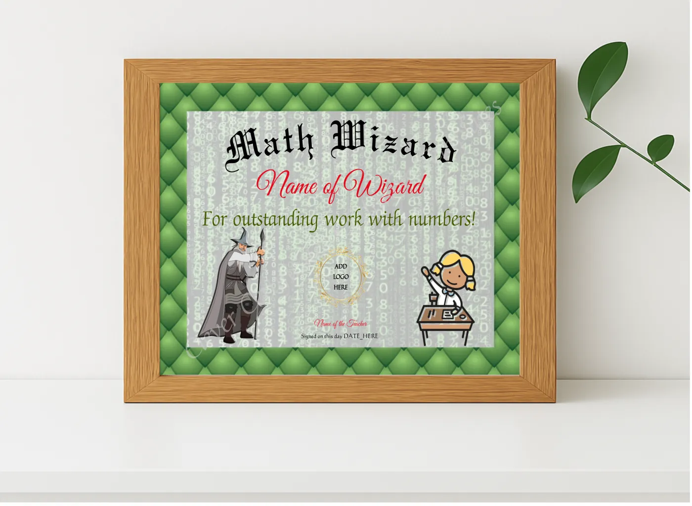 Realistic mockup featuring Math Wizard Award displayed within a modern frame, set against a minimalistic background.