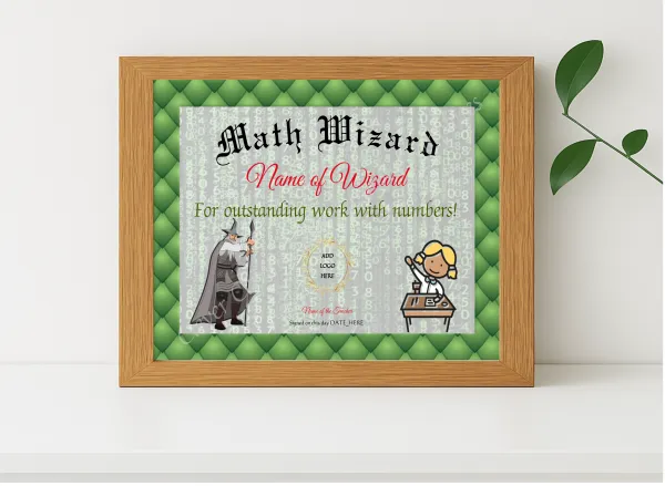 Realistic mockup featuring Math Wizard Award displayed within a modern frame, set against a minimalistic background.