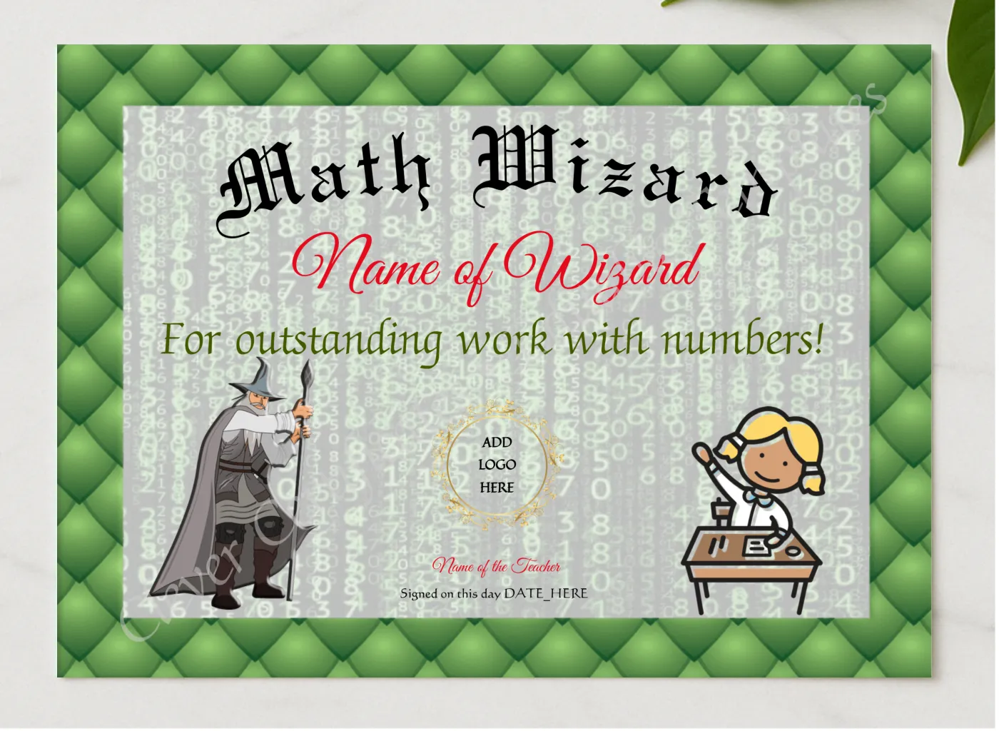 Math Wizard Award presented in a sleek wooden frame, elegantly arranged on a stylish table.