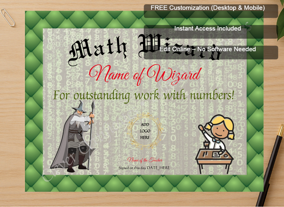 Zoomed preview with Free Editor badge stack for Math Wizard Award