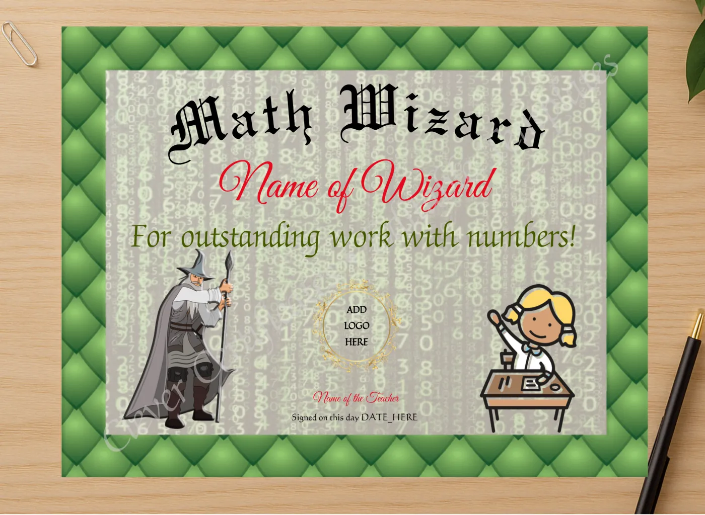 Professional preview of Math Wizard Award certificate on high-quality stationery paper, ideal for showcasing the final look.