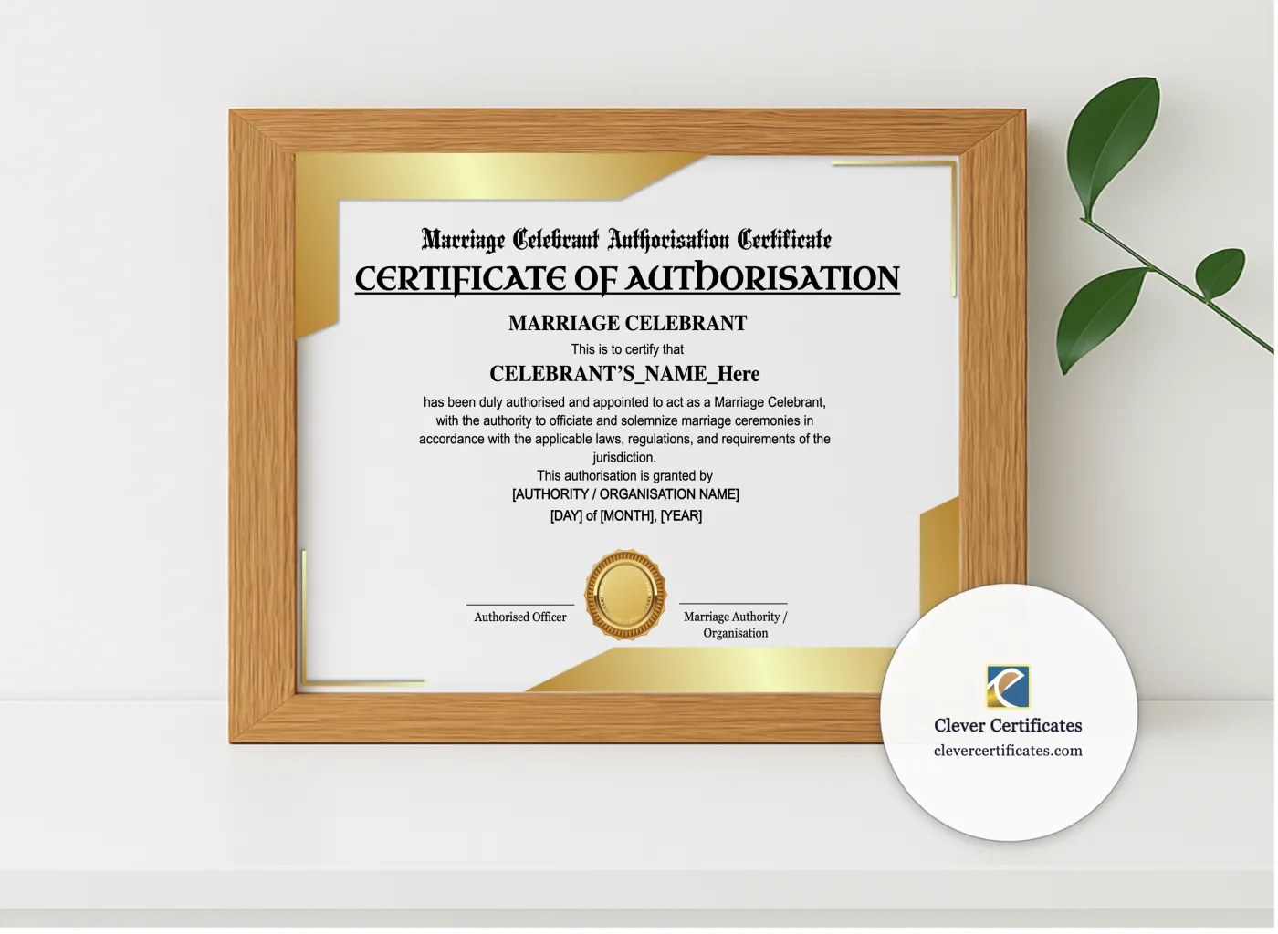 Realistic mockup featuring Marriage Celebrant Authorisation Certificate Landscape displayed within a modern frame, set against a minimalistic background.