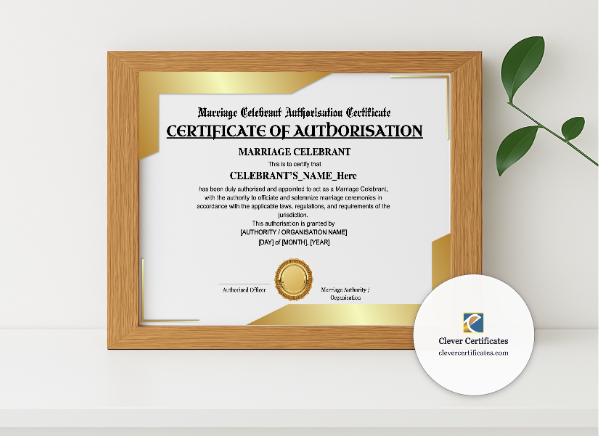 Realistic mockup featuring Marriage Celebrant Authorisation Certificate Landscape displayed within a modern frame, set against a minimalistic background.