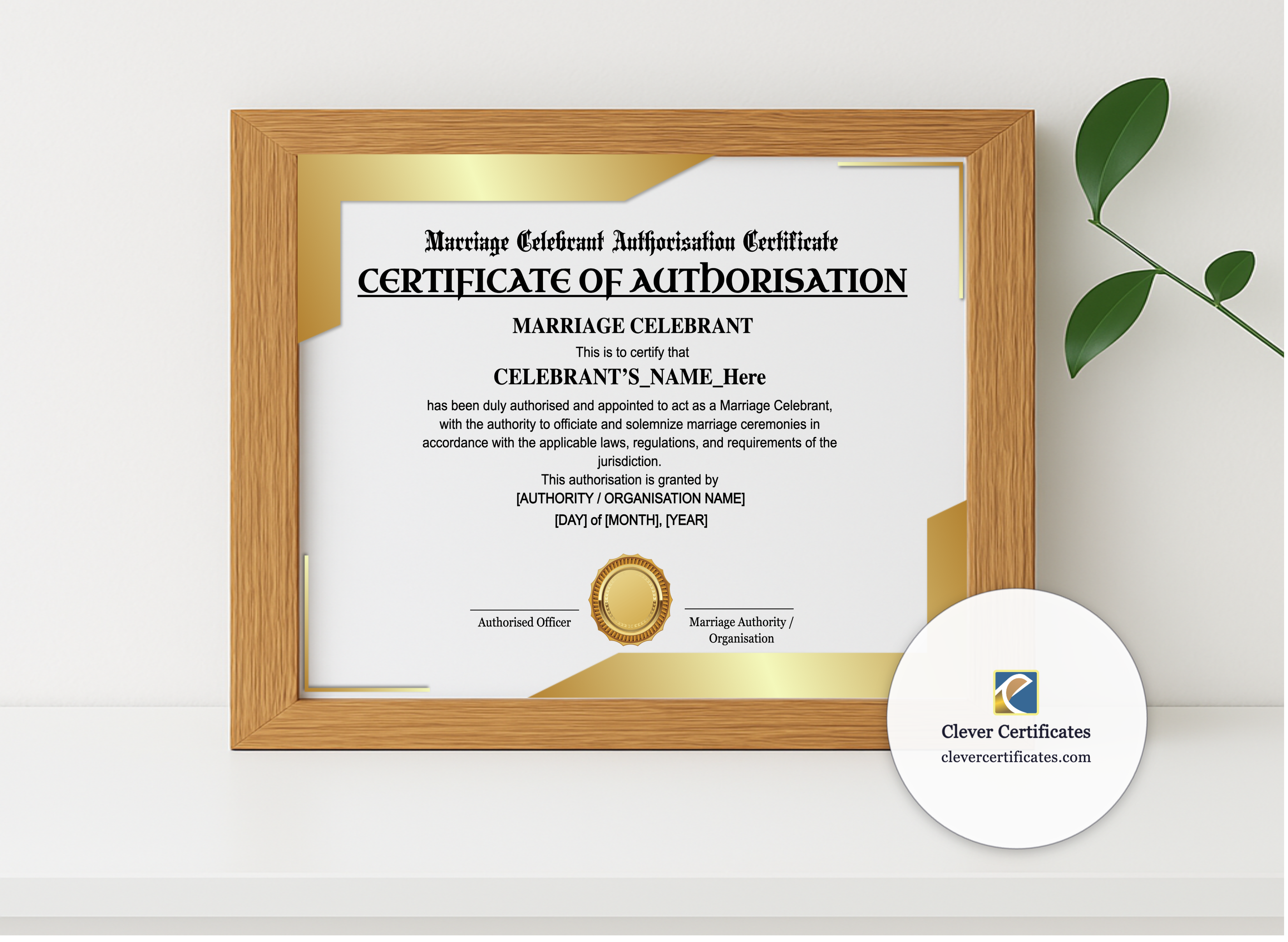 Realistic mockup featuring Marriage Celebrant Authorisation Certificate Landscape displayed within a modern frame, set against a minimalistic background.
