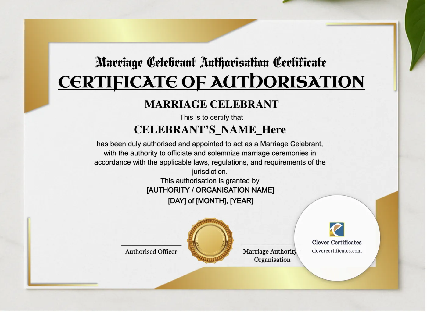 Marriage Celebrant Authorisation Certificate Landscape presented in a sleek wooden frame, elegantly arranged on a stylish table.