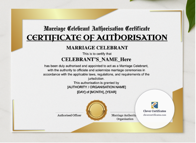 Marriage Celebrant Authorisation Certificate Landscape presented in a sleek wooden frame, elegantly arranged on a stylish table.