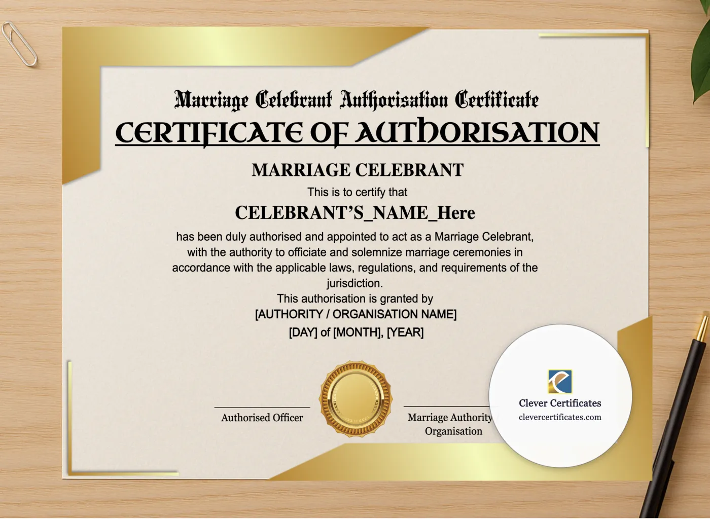 Professional preview of Marriage Celebrant Authorisation Certificate Landscape certificate on high-quality stationery paper, ideal for showcasing the final look.
