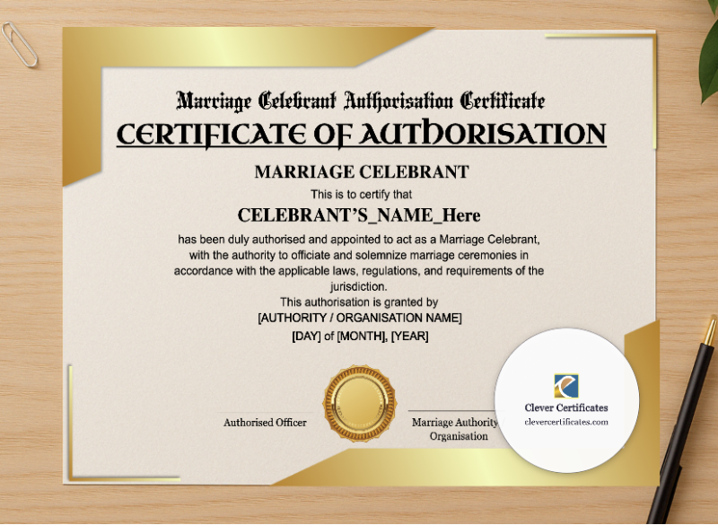 Professional preview of Marriage Celebrant Authorisation Certificate Landscape certificate on high-quality stationery paper, ideal for showcasing the final look.