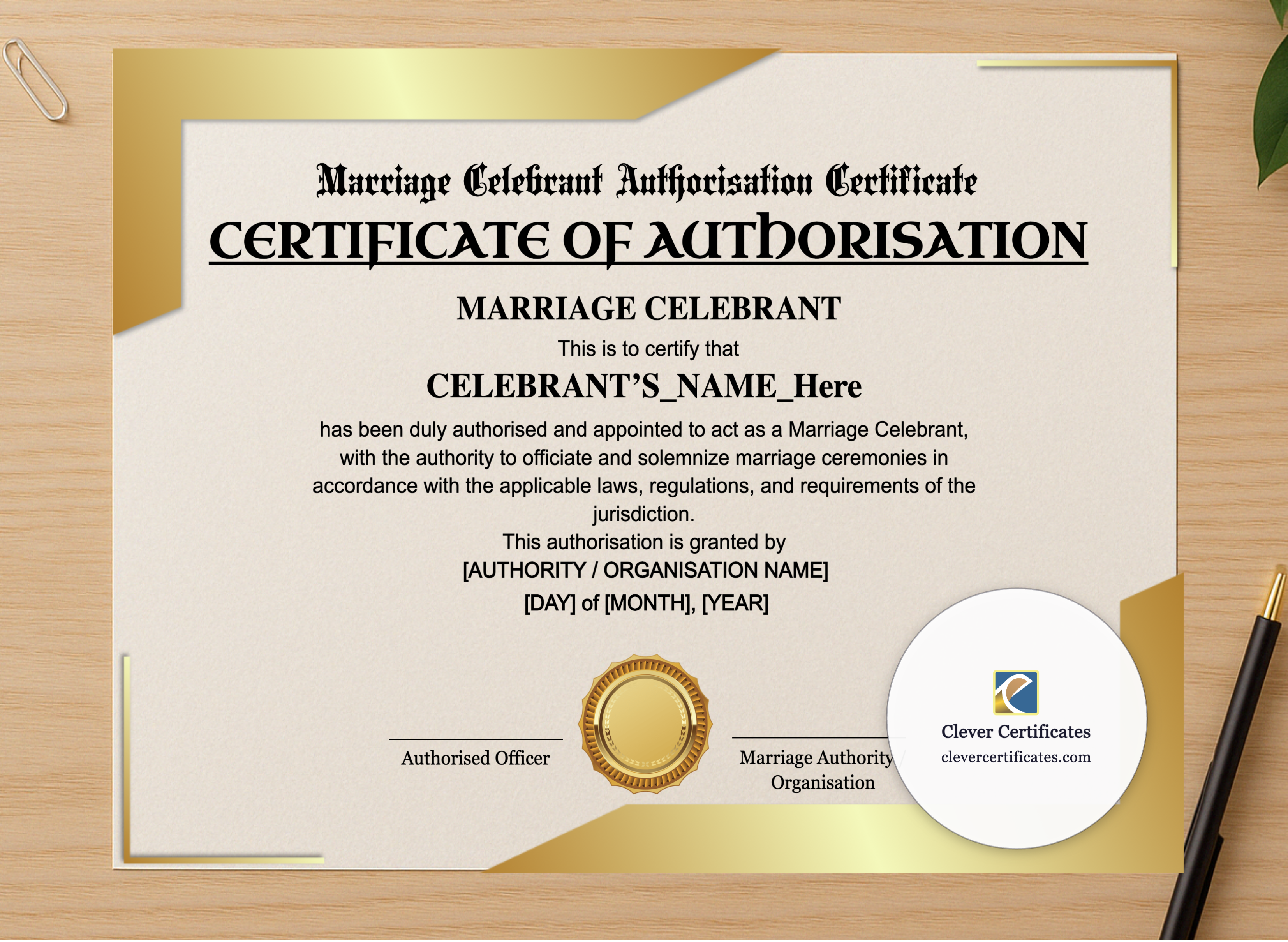 Professional preview of Marriage Celebrant Authorisation Certificate Landscape certificate on high-quality stationery paper, ideal for showcasing the final look.