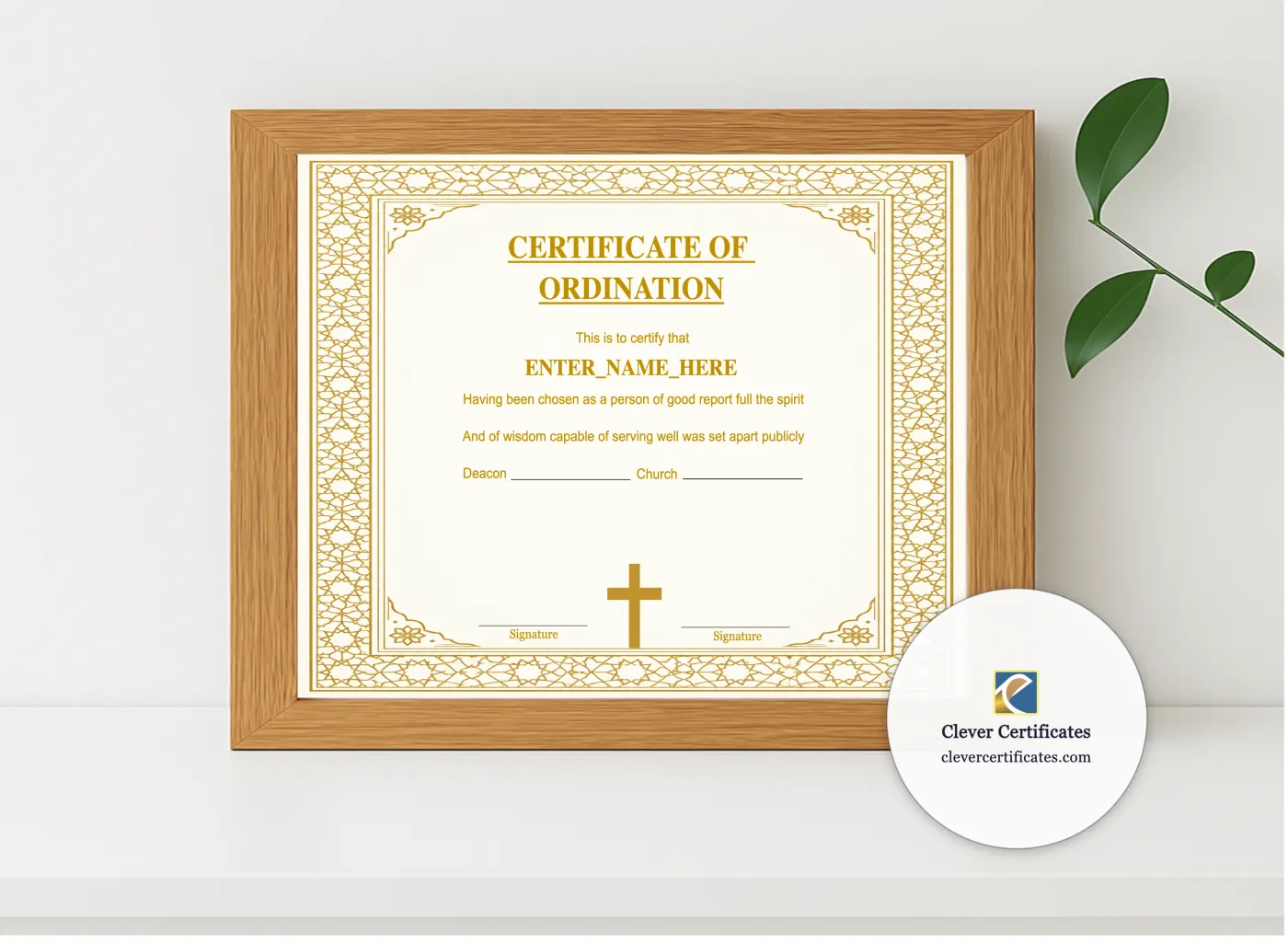 Realistic mockup featuring Certificate of Ordination for Church Elder Landscape displayed within a modern frame, set against a minimalistic background.