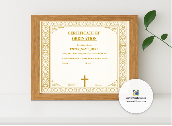 Realistic mockup featuring Certificate of Ordination for Church Elder Landscape displayed within a modern frame, set against a minimalistic background.