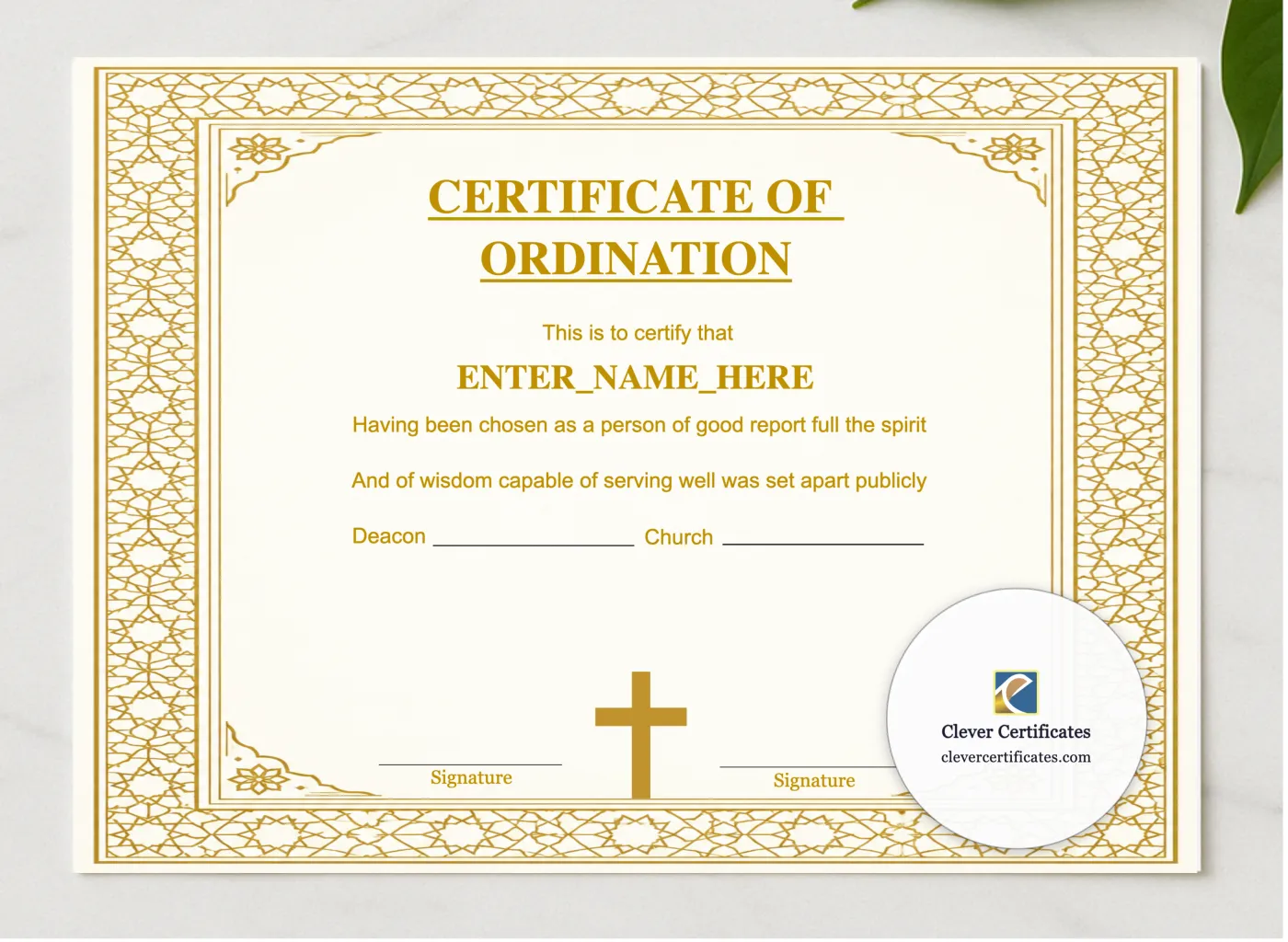 Certificate of Ordination for Church Elder Landscape presented in a sleek wooden frame, elegantly arranged on a stylish table.