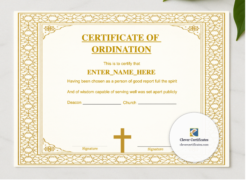 Certificate of Ordination for Church Elder Landscape presented in a sleek wooden frame, elegantly arranged on a stylish table.