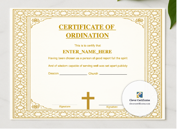 Certificate of Ordination for Church Elder Landscape presented in a sleek wooden frame, elegantly arranged on a stylish table.