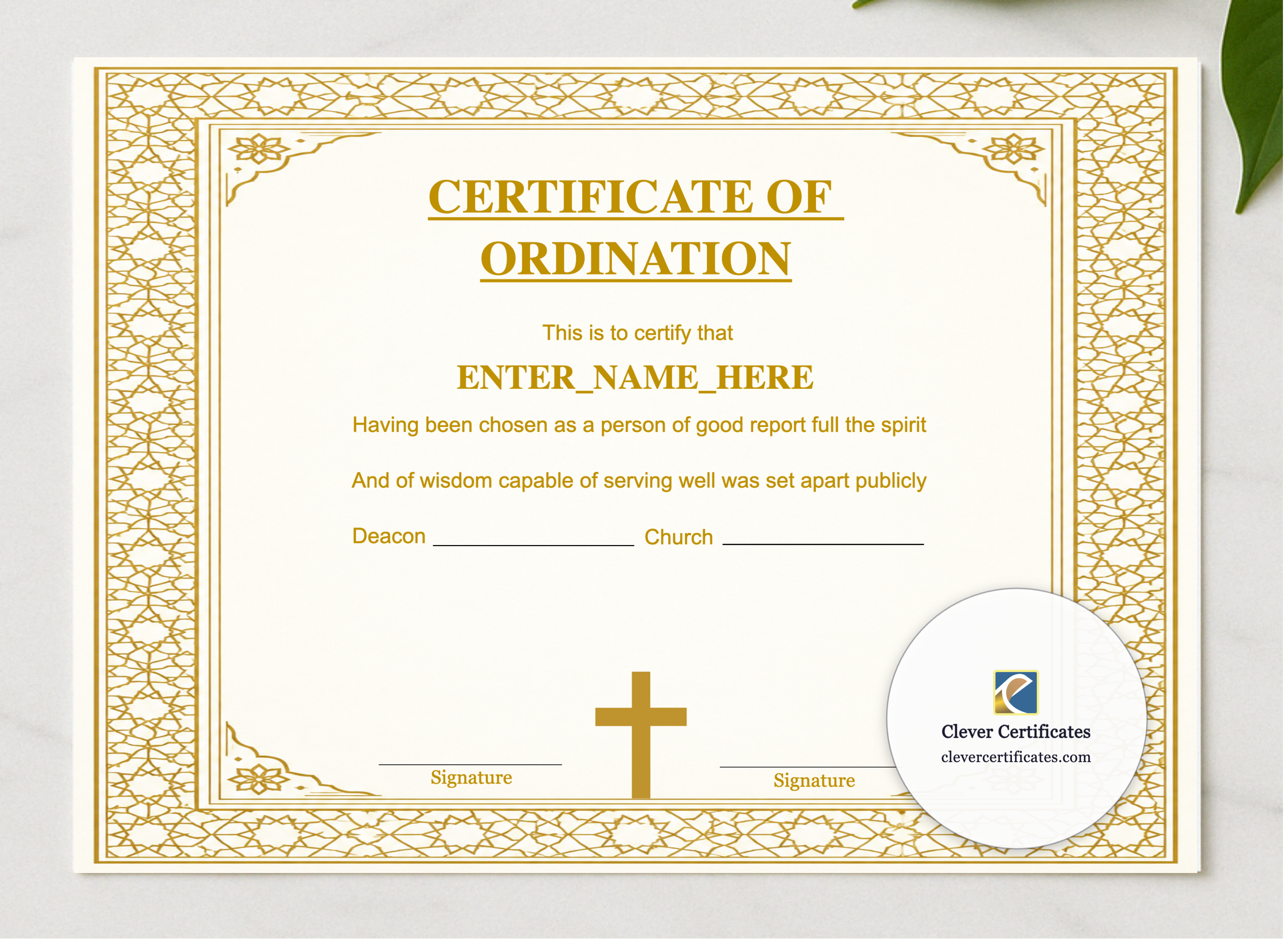 Certificate of Ordination for Church Elder Landscape presented in a sleek wooden frame, elegantly arranged on a stylish table.