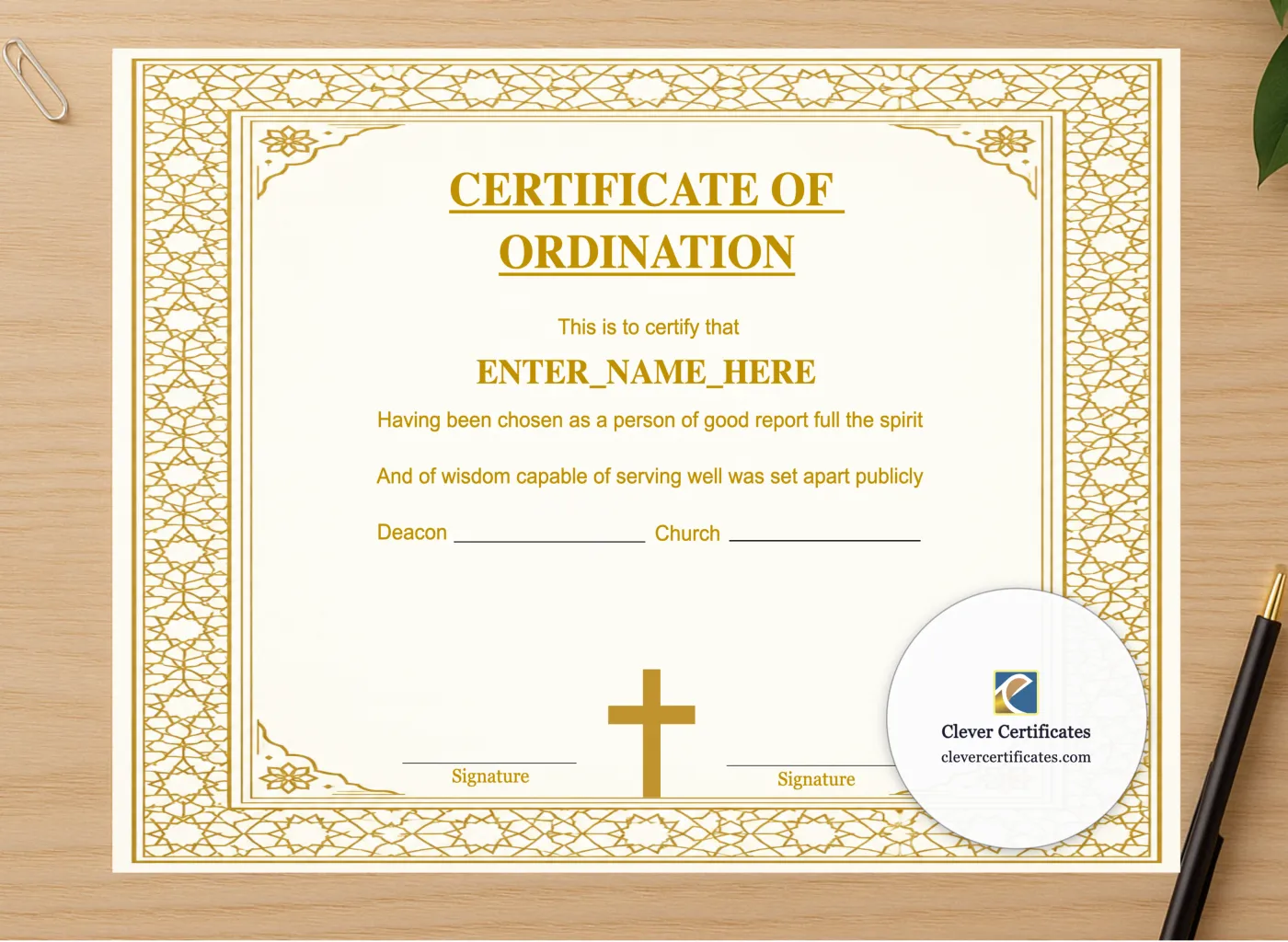 Professional preview of Certificate of Ordination for Church Elder Landscape certificate on high-quality stationery paper, ideal for showcasing the final look.