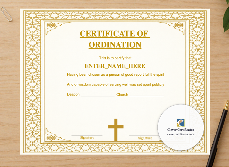 Professional preview of Certificate of Ordination for Church Elder Landscape certificate on high-quality stationery paper, ideal for showcasing the final look.