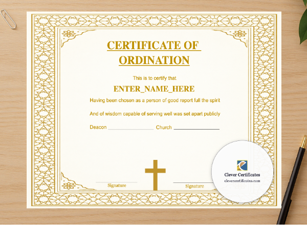 Professional preview of Certificate of Ordination for Church Elder Landscape certificate on high-quality stationery paper, ideal for showcasing the final look.