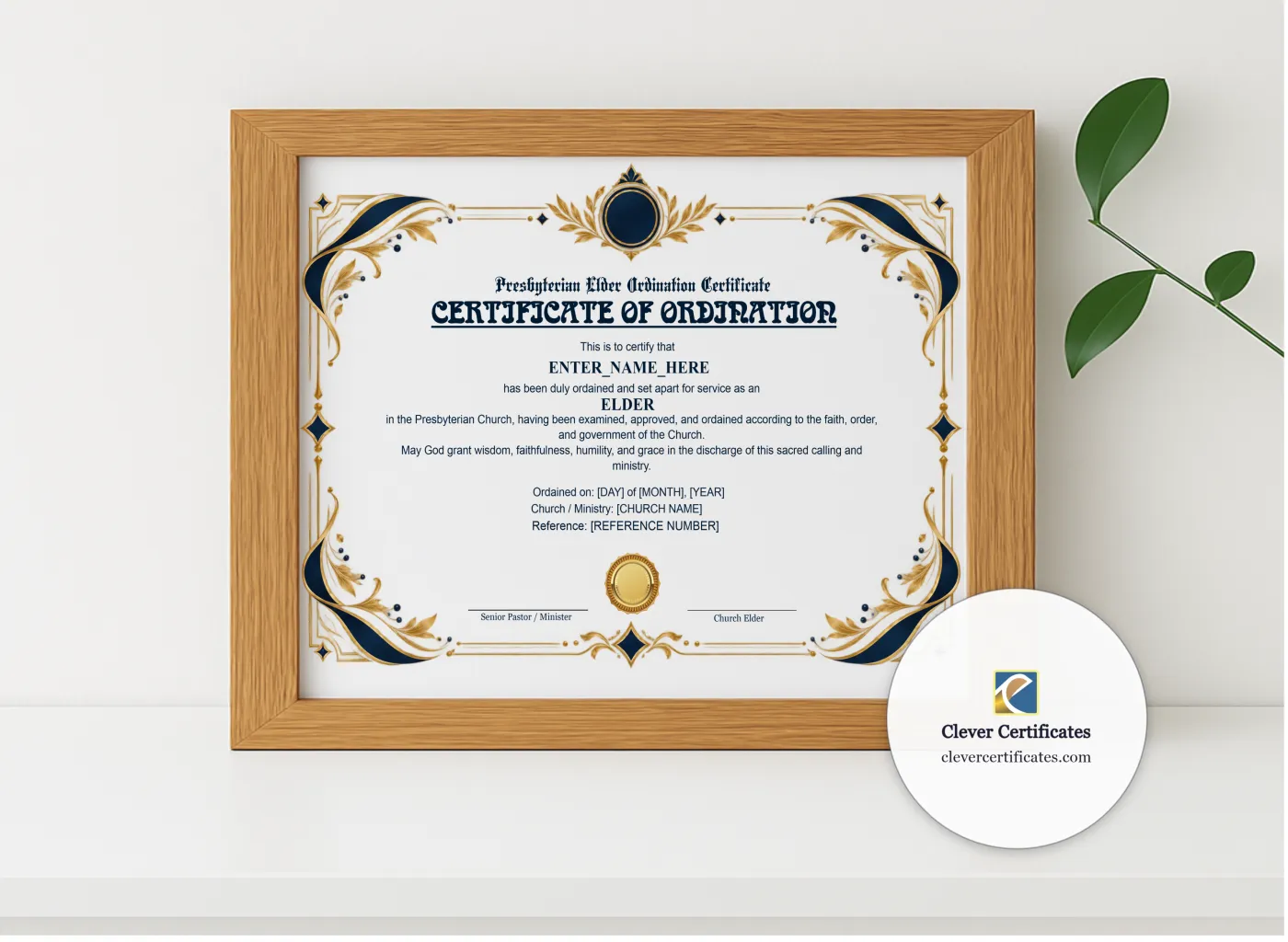 Realistic mockup featuring Presbyterian Elder Ordination Certificate Landscape displayed within a modern frame, set against a minimalistic background.