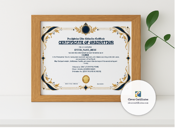 Realistic mockup featuring Presbyterian Elder Ordination Certificate Landscape displayed within a modern frame, set against a minimalistic background.